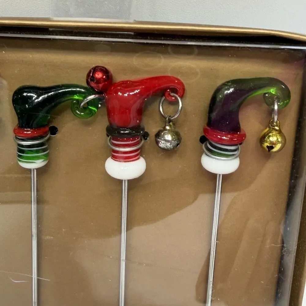 Pier 1 Christmas Art Glass Elf Hat Cocktail Picks Appetizer Sticks Bells NEW